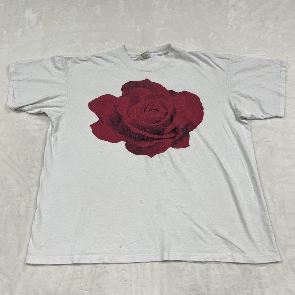 Vintage Rose Graphic T Shirt Mens XL White Single Stitch 90s Distressed Tee